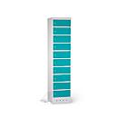 Laptopkast met laadfunctie, 10 vakken met cilinderslot, plaatstaal lichtgrijs RAL 7035 / turquoise blauw RAL 5018