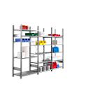 Legbordstelling R 3000 , B 3105 x P 400 x H 2278 mm, 3 stellingsecties: 1 basis- en 2 aanbouwsecties inclusief 15 in hoogte verstelbare legborden, gegalvaniseerd