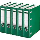 LEITZ® Doppelordner 1012, 2 x A5, Rückenbreite 75 mm, Präzisions-Hebelmechanik, Sichttasche für Rückenschild, Griffloch, Polypropylen, grün, 5 Stück