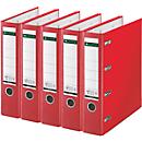 LEITZ® Doppelordner 1012, 2 x A5, Rückenbreite 75 mm, Präzisions-Hebelmechanik, Sichttasche für Rückenschild, Griffloch, Polypropylen, rot, 5 Stück