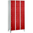 Locker cabinet for valuables 300 mm, 3 compartments, 15 compartments, security cylinder lock, foot, bright red
