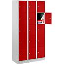 Locker cabinet for valuables 300 mm, 3 compartments, 15 compartments, security cylinder lock, plinth, bright red