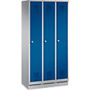Locker Evolo S 3000, 3 compartments, steel, plinth height 100 mm, cylinder lock, aluminium white/gentian blue
