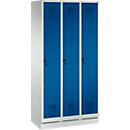 Locker Evolo S 3000, 3 compartments, steel, plinth height 100 mm, safety swivel lock, luminous grey/gentian blue