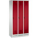 Locker Evolo S 3000, 3 compartments, steel, plinth height 100 mm, safety swivel lock, luminous grey/ruby red