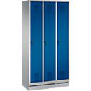 Locker Evolo S 3000, 3 compartments, steel, plinth height 100 mm, security swivel lock, aluminium white/gentian blue