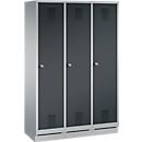 Locker Evolo S 3000, steel, with plinth, 3 compartments W 400 mm each, cylinder lock, white aluminium RAL 9006/anthracite RAL 7016