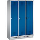 Locker Evolo S 3000, steel, with plinth, 3 compartments W 400 mm each, cylinder lock, white aluminium RAL 9006/Gentian blue RAL 5010
