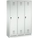 Locker Evolo S 3000, steel, with plinth, 3 compartments W 400 mm each, rotating latch, luminous grey RAL 7035/light grey RAL 7035