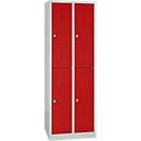 Locker, two levels, 2 x 2 compartments, locking with swivel locking bolt, light grey/bright red