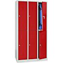 Locker, two levels, 2 x 3 compartments, cylinder lock, light grey RAL 7035/bright red RAL 3000