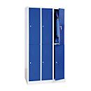 Locker, two levels, 2 x 3 compartments, cylinder lock, luminous grey RAL 7035/Gentian blue RAL 5010