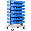 Magasin pour petites pièces Schäfer Shop Select, mobile, 4 roulettes, avec bacs à bec bleus : 70 x LF 221, H 1450 x L 825 x P 550 mm, acier revêtu par poudre, gris