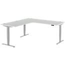 Mesa angular AERO FLEX, regulable eléctricamente en altura, ángulo de 90°, pie en C, ancho 2000 x fondo 2000 mm, aluminio gris claro/blanco + panel de memoria