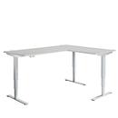 Mesa angular AERO FLEX, regulable eléctricamente en altura, ángulo de 90°, pie en T, ancho 2000 x fondo 1600 mm, aluminio gris claro/blanco + panel de memoria