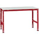 Mesa de trabajo Manuflex UNIVERSAL estándar, 1500 x 1000 mm, melamina gris luminoso, rojo rubí