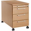 Mobile pedestal 1333, 3 drawers &amp; 1 utensil drawer, lockable, angular handles, wood/steel/plastic, W 434 x D 800 x H 613 mm, beech decor