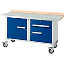 Mobile Werkbank Schäfer Shop Select PWi 150-3, Buche-Dekor Multiplexplatte, mit Stahlabdeckung, bis 400 kg, B 1500 x T 700 x H 840 mm