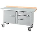 Mobile Werkbank Schäfer Shop Select PWi 150-3, Buche-Dekor Multiplexplatte, mit Stahlabdeckung, bis 400 kg, B 1500 x T 700 x H 840 mm