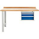 Modulare Werkbank Schäfer Shop Select, Anbaueinheit, Buche Multiplexplatte, bis 500 kg, B 1500 x T 700 x H 840 mm, Lichtgrau ral 7035/Enzianblau ral 5010
