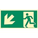 moedel Fluchtwegschild "Notausgang links Pfeil unten", nach ISO 7010 E001, Aluminium 1,8 mm, langnachleuchtend, B 594 x H 297 mm