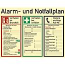 moedel Hinweisschild „Alarm- und Notfallplan“, 3-spaltig, EN ISO 7010, Leuchtklasse C, 160 mcd/m², L 480 x B 620 mm, Kunststoff, mehrfarbig