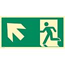 moedel Hinweisschild „Notausgang links schräg oben“, EN ISO 7010, Leuchtklasse C, 160 mcd/m², bis 14,8 m, selbstklebend, L 148 x B 297 mm, Folie, grün