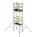 Munk FlexxTower SG rolling scaffold, aluminum, tool-free assembly, folding triangular outriggers, swivel castors Ø 125 mm, GS-tested, load class 3, 3.10 m