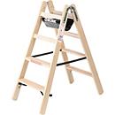 Munk® Holz-Stufen-Stehleiter, Nadelschnittholz/Buche, 80 mm geriffelt, Hufeisenscharniere, 150 kg, Eimerhaken, Textilgurt-Spreizsicherung, 2x4 Stufen