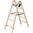 Munk® Holz-Stufen-Stehleiter, Nadelschnittholz/Buche, 80 mm geriffelt, Hufeisenscharniere, 150 kg, Eimerhaken, Textilgurt-Spreizsicherung, 2x5 Stufen
