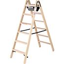 Munk® Holz-Stufen-Stehleiter, Nadelschnittholz/Buche, 80 mm geriffelt, Hufeisenscharniere, 150 kg, Eimerhaken, Textilgurt-Spreizsicherung, 2x6 Stufen