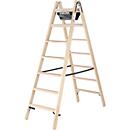 Munk® Holz-Stufen-Stehleiter, Nadelschnittholz/Buche, 80 mm geriffelt, Hufeisenscharniere, 150 kg, Eimerhaken, Textilgurt-Spreizsicherung, 2x7 Stufen