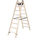 Munk® Holz-Stufen-Stehleiter, Nadelschnittholz/Buche, 80 mm geriffelt, Hufeisenscharniere, 150 kg, Eimerhaken, Textilgurt-Spreizsicherung, 2x8 Stufen