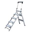 Munk opklapbare treden, aluminium, stabiele dubbele rail, antislip kunststof schoenen, opklapbare leuningen met opbergbak, max. 150 kg, tredeoppervlak 360 x 205 mm, 5 treden