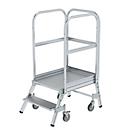 Munk Podesttreppe, 2 Stufen, einseitig begehbar, Rechteckrohr-Holme, Plattform B 600 x T 800 mm, Handlauf, 3-seitiges Geländer, max. 150 kg