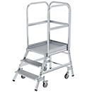 Munk Podesttreppe, 3 Stufen, einseitig begehbar, Rechteckrohr-Holme, Plattform B 600 x T 800 mm, Handlauf, 3-seitiges Geländer, max. 150 kg