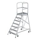 Munk Podesttreppe, 7 Stufen, einseitig begehbar, Rechteckrohr-Holme, Plattform B 600 x T 800 mm, Handlauf, 3-seitiges Geländer, max. 150 kg