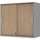 Opbouwkast met schuifdeuren BARI, 4 legborden, slot, middenwand, B 1200 x D 430 x H 1057 mm, middengrijs