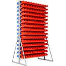 Opslagrek, aan 2 zijden te monteren, 30 rijen, incl. 150 open voorraadbakken LF 211 blauw &amp; 150 open voorraadbakken LF 211 rood, B 1145 x D 800 x H 1950 mm