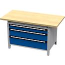 Otto Kind brede werkbank type 405, beuken multiplex blad, tot 1.200 kg, B 1524 x D 750 x H 850 mm, staal, centrale vergrendeling, blank aluminium/ gentiaanblauw