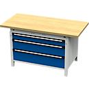 Otto Kind brede werkbank type 405, beuken multiplex blad, tot 1.200 kg, B 1524 x D 750 x H 850 mm, staal, centrale vergrendeling, lichtgrijs/gentiaanblauw