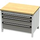 Otto Kind brede werkbank type 410, beuken multiplex blad, tot 1.200 kg, B 1152 x D 750 x H 850 mm, staal, centrale vergrendeling, lichtgrijs/stofgrijs