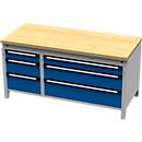 Otto Kind brede werkbank type 420, vlak afwerkend, multiplexplaat van beukenhout, tot 1400 kg, B 1697 x D 750 x H 850 mm, staal, centrale vergrendeling, blank aluminium/geniaanblauw