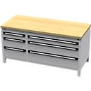 Otto Kind brede werkbank type 420, vlak afwerkend, multiplexplaat van beukenhout, tot 1400 kg, B 1697 x D 750 x H 850 mm, staal, centrale vergrendeling, blank aluminium/wit aluminium