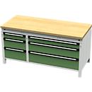 Otto Kind brede werkbank type 420, vlak afwerkend, multiplexplaat van beukenhout, tot 1400 kg, B 1697 x D 750 x H 850 mm, staal, centrale vergrendeling, lichtgrijs/resedagroen