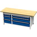 Otto Kind Breitfachwerkbank Typ 415, Buche Multiplexplatte, bis 1.400 kg, B 2004 x T 750 x H 850 mm, Stahl, Zentralverschluss, lichtgrau/enzianblau