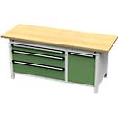 Otto Kind Breitfachwerkbank Typ 435, Buche Multiplexplatte, überstehend, bis 1400 kg, B 2004 x T 750 x H 850 mm, Stahl, Zentralverschluss, lichtgrau/resedagrün