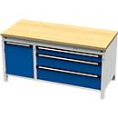 Otto Kind Breitfachwerkbank Typ 440, Buche Multiplexplatte, bündig, bis 1400 kg, B 1697 x T 750 x H 850 mm, Stahl, Zentralverschluss, lichtgrau/enzianblau
