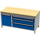 Otto Kind Breitfachwerkbank Typ 440, Buche Multiplexplatte, bündig, bis 1400 kg, B 1697 x T 750 x H 850 mm, Stahl, Zentralverschluss, weißaluminium/enzianblau