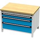 Otto Kind établi large type 410, plateau en hêtre multiplex, jusqu'à 1 200 kg, L 1152 x P 750 x H 850 mm, acier, fermeture centrale, gris clair/bleu clair
